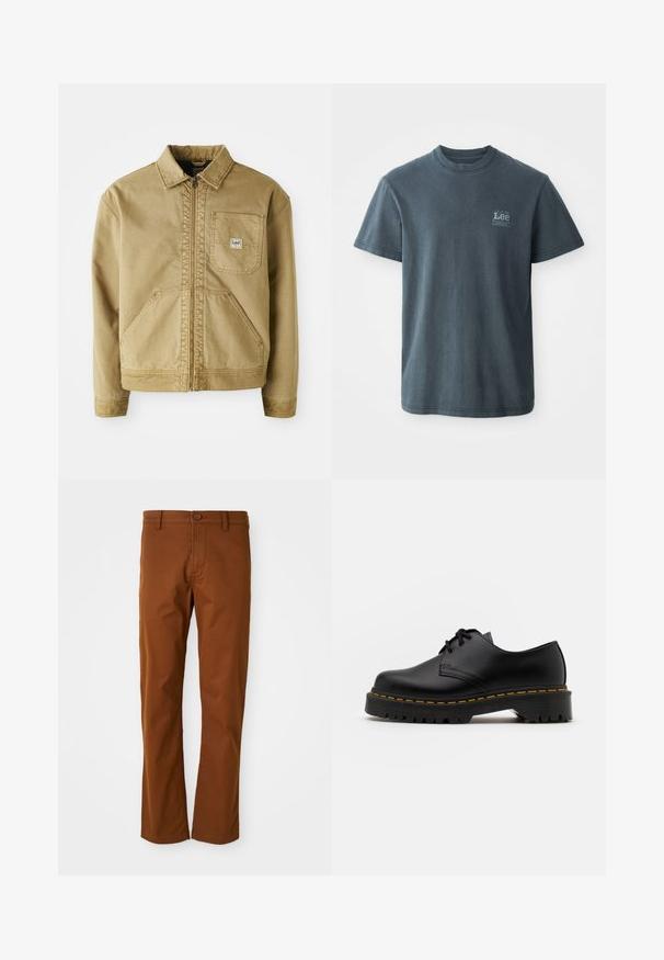 Beige Jacke mit Reißverschluss, spitzem Kragen, Brusttasche und großen seitlichen Taschen. Hergestellt aus robuster Stoff mit sichtbaren Nähten.; Dunkelgraues Baumwoll-T-Shirt mit Rundhalsausschnitt, kurzen Ärmeln und einem kleinen aufgedruckten Logo auf der linken Seite. Klassische Passform mit geradem Saum.; Braune Baumwollhose mit normalem Schnitt, ausgestattet mit einem Knopfverschluss, Gürtelschlaufen und geradem Bein. Glatte Textur ohne Muster.; Schwarze Leder Schnürschuhe mit runder Spitze, strukturiertem Gummisohle und gelben Nähten um den Rand. Flaches Design und glatte Oberfläche.