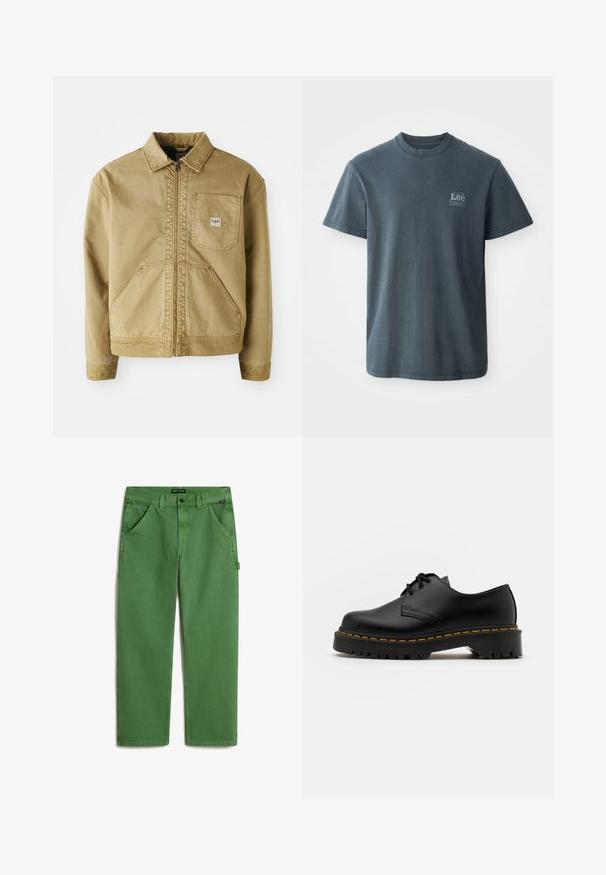 Chaqueta marrón con cierre de cremallera en el frente, cuello puntiagudo, bolsillo en el pecho y grandes bolsillos laterales. Hecha de tela resistente con detalles de costura visibles.; Camiseta de algodón gris oscuro con cuello redondo, mangas cortas y un pequeño logotipo impreso en el lado izquierdo. Corte clásico con dobladillo recto.; Pantalones de algodón verdes con un diseño de pierna recta, que cuentan con bolsillos frontales, un bolsillo lateral y un cierre de botón en la cintura.; Zapato negro de cuero con cordones, punta redondeada, suela de goma texturizada y costuras amarillas alrededor de la base. Diseño plano y acabado suave.