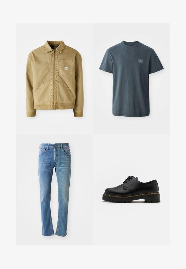 Chaqueta marrón con cierre de cremallera en el frente, cuello puntiagudo, bolsillo en el pecho y grandes bolsillos laterales. Hecha de tela resistente con detalles de costura visibles.; Camiseta de algodón gris oscuro con cuello redondo, mangas cortas y un pequeño logotipo impreso en el lado izquierdo. Corte clásico con dobladillo recto.; Jeans de denim azul claro con corte recto. Las características incluyen cinco bolsillos, un cierre con botón marrón y un ligero desvanecimiento en la tela.; Zapato negro de cuero con cordones, punta redondeada, suela de goma texturizada y costuras amarillas alrededor de la base. Diseño plano y acabado suave.