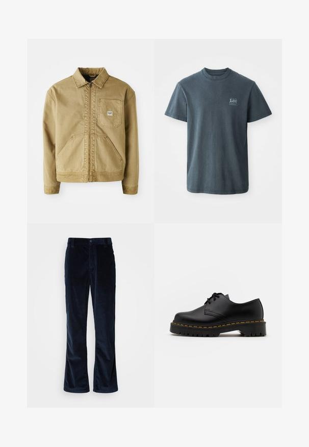 Tan jacket with a zip front, pointed collar, chest pocket, and large side pockets. Made of sturdy fabric with visible stitching details.; Dark gray cotton T-shirt with a crew neck, short sleeves, and a small printed logo on the left side. Classic fit with straight hem.; Navy blue corduroy pants with a straight leg design, featuring vertical ribbing, button closure, and front pockets.; Black leather lace-up shoe with a rounded toe, textured rubber sole, and yellow stitching around the base. Flat design and smooth finish.