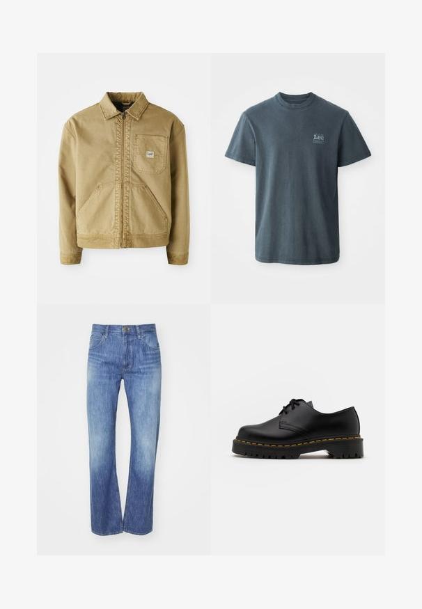 Tan jas met een ritssluiting aan de voorkant, spitse kraag, borstzak en grote zijzakken. Gemaakt van stevig materiaal met zichtbare stikseldetails.; Donkergrijze katoenen T-shirt met ronde hals, korte mouwen en een klein bedrukt logo aan de linkerkant. Klassieke pasvorm met rechte zoom.; Lichtblauwe denim jeans met een rechte pijp, voorzien van een lichte vervaging, vijf zakken en een knoopsluiting bij de taille.; Zwarte leren veterschoen met een ronde neus, getextureerde rubberen zool en gele stiksels rond de basis. Plat ontwerp en een gladde afwerking.