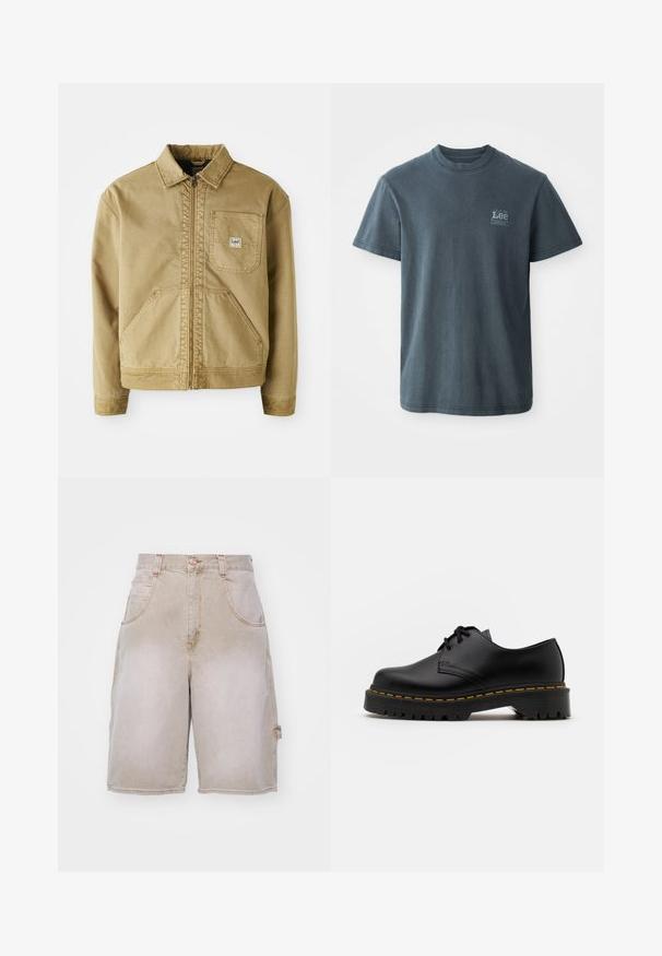 Veste beige avec zip sur le devant, col pointu, poche poitrine et grandes poches latérales. Fabriquée en tissu robuste avec des détails de couture visibles.; T-shirt en coton gris foncé avec un col rond, des manches courtes et un petit logo imprimé sur le côté gauche. Coupe classique avec ourlet droit.; Shorts en denim beige avec une coupe décontractée, dotés de deux poches avant et d'une poche latérale, taille structurée et détails de décoloration légère.; Chaussure en cuir noir à lacets avec un bout arrondi, semelle en caoutchouc texturée et surpiqûre jaune autour de la base. Design plat et finition lisse.