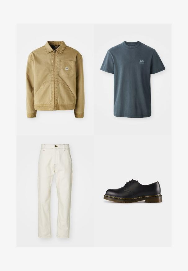 Brūns žakets ar rāvējslēdzēju priekšā, ar norādītu apkakli, krūšu kabatu un lielām sānu kabatām. Izgatavots no izturīga auduma ar redzamām šuvju detaļām.; Tumši pelēks kokvilnas T-krekls ar apaļu kakla izgriezumu, īsām piedurknēm un mazu drukātu logotipu kreisajā pusē. Klasisks piegriezums ar taisnu apakšmali.; Beige kokvilnas bikses ar taisnu kāju griezumu, kurās ir sānu kabatas, priekšējā pogu aizdare un kontrastējošas šuvju detaļas.; Melna ādas kurpe ar noapaļotu purngali, šņorēšanas dizains, dzeltena šuvju līnija gar zoli un masīva, teksturēta gumijas zole.