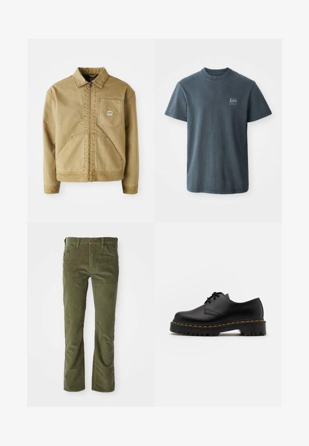 Casaco castanho com fecho de correr à frente, colarinho pontiagudo, bolso no peito e grandes bolsos laterais. Feito de um tecido resistente com detalhes de costura visíveis.; T-shirt de algodão cinza escuro com decote redondo, mangas curtas e um pequeno logótipo impresso no lado esquerdo. Corte clássico com bainha direta.; Calças de veludo cotelê verde-oliva com bolsos frontais, passantes para cinto, fecho com botão e ligeira forma flared nas aberturas das pernas.; Sapato de pele preta com atacadores, bico arredondado, sola de borracha texturizada e costura amarela à volta da base. Design plano e acabamento liso.