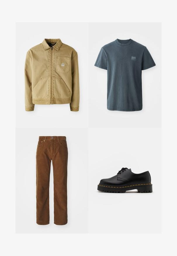 Casaco castanho com fecho de correr à frente, colarinho pontiagudo, bolso no peito e grandes bolsos laterais. Feito de um tecido resistente com detalhes de costura visíveis.; T-shirt de algodão cinza escuro com decote redondo, mangas curtas e um pequeno logótipo impresso no lado esquerdo. Corte clássico com bainha direta.; Levi's® Calças de ganga de perna direita - karla brown; Sapato de pele preta com atacadores, bico arredondado, sola de borracha texturizada e costura amarela à volta da base. Design plano e acabamento liso.