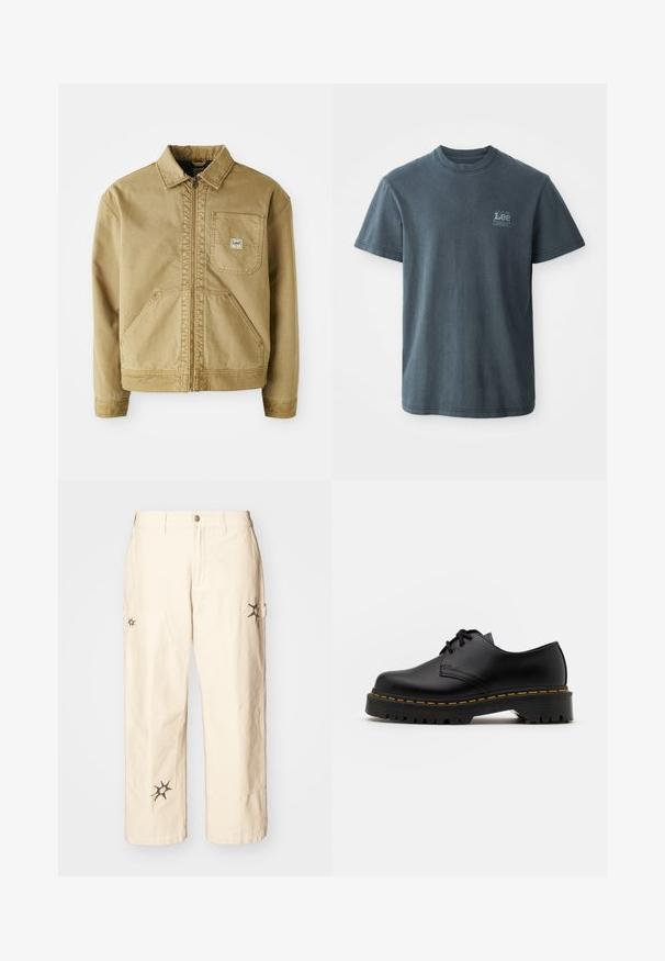 Brun frakk med glidelås foran, spiss krage, brystlomme og store sidelommer. Laget av robust stoff med synlige sømdetaljer.; Mørkegrå bomulls T-skjorte med rund hals, kortermet og en liten trykket logo på venstre side. Klassisk passform med rett avslutning.; Obey Clothing BIG TIMER CARPENTER - Cargobukse - clay; Svart lær snøresko med rund tå, teksturert gummisåle og gul søm rundt bunnen. Flat design og glatt overflate.