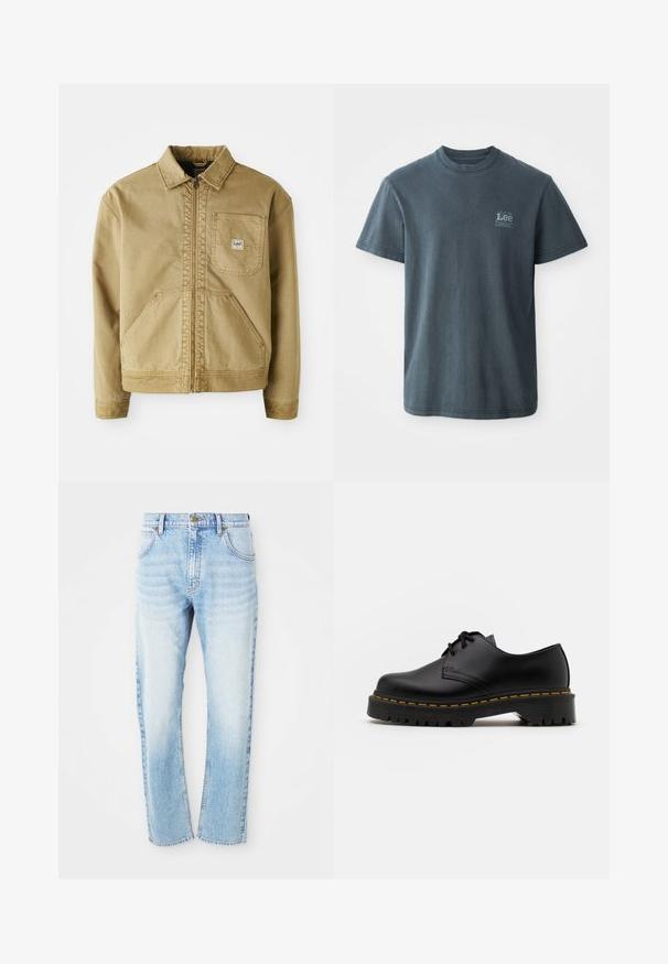 Chaqueta marrón con cierre de cremallera en el frente, cuello puntiagudo, bolsillo en el pecho y grandes bolsillos laterales. Hecha de tela resistente con detalles de costura visibles.; Camiseta de algodón gris oscuro con cuello redondo, mangas cortas y un pequeño logotipo impreso en el lado izquierdo. Corte clásico con dobladillo recto.; Jeans de denim azul claro de pierna recta con bolsillos frontales, trabillas y cierre de botón.; Zapato negro de cuero con cordones, punta redondeada, suela de goma texturizada y costuras amarillas alrededor de la base. Diseño plano y acabado suave.