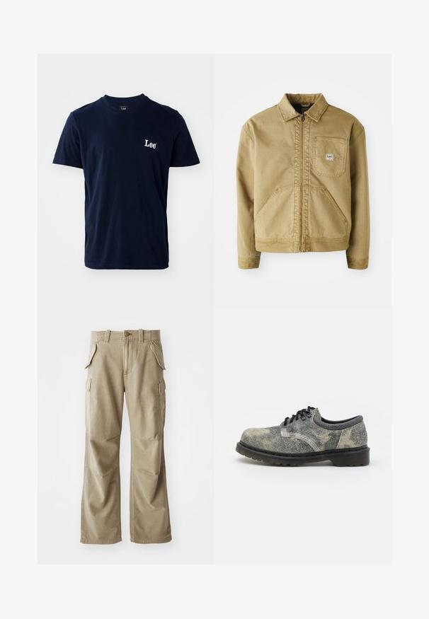 Tan jacket with a zip front, pointed collar, chest pocket, and large side pockets. Made of sturdy fabric with visible stitching details.; Navy blue cotton t-shirt with short sleeves, crew neck, and white “Lee” logo embroidered on the left chest area. Smooth texture.; Beige cargo pants made of durable fabric, featuring a relaxed fit, multiple side pockets, and reinforced knees. Flat front design.; Lace-up shoe made of textured gray fabric with black accents, a thick rubber sole, and white stitching details. Rounded toe design.