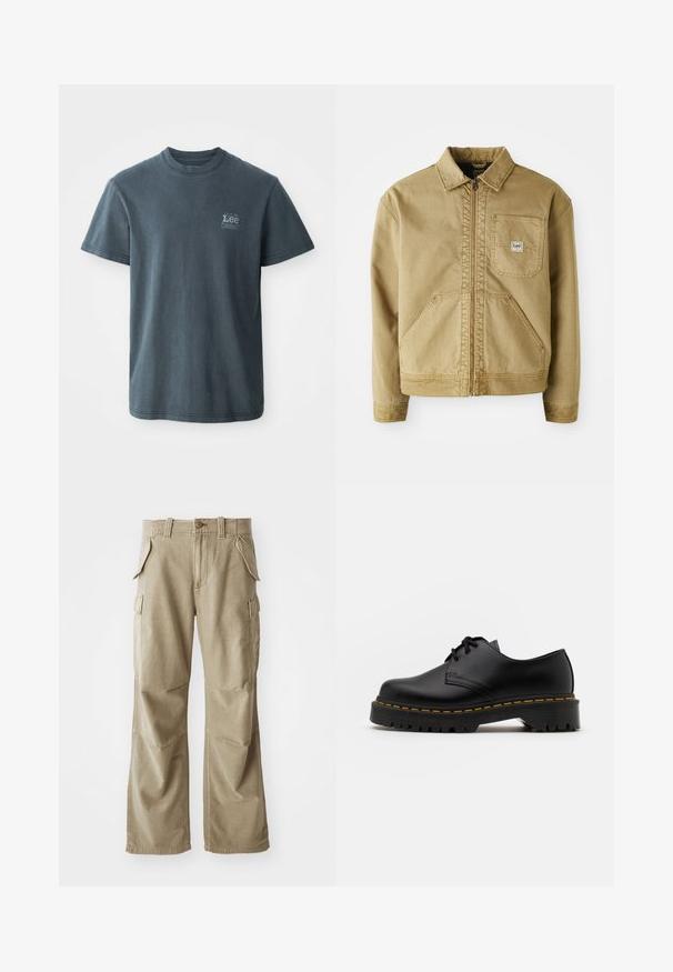 Brūns žakets ar rāvējslēdzēju priekšā, ar norādītu apkakli, krūšu kabatu un lielām sānu kabatām. Izgatavots no izturīga auduma ar redzamām šuvju detaļām.; Tumši pelēks kokvilnas T-krekls ar apaļu kakla izgriezumu, īsām piedurknēm un mazu drukātu logotipu kreisajā pusē. Klasisks piegriezums ar taisnu apakšmali.; Bēše kravas bikses izgatavotas no izturīga auduma, ar brīvu piegriezumu, vairākām sānu kabatām un nostiprinātiem ceļgaliem. Plakans priekšējais dizains.; Melnas ādas kurpes ar saistēm, noapaļota purngalu, ar teksturētu gumijas zoli un dzeltenu šuvju ap malu. Plakana forma un gluda apdare.