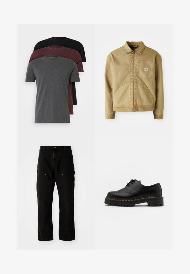 Ruda striukė su užtrauktuku, smailiu apykakle, krūtinės kišene ir didelėmis šoninėmis kišenėmis. Pagaminta iš tvirto audinio su matomomis siuvimo detalėmis.; Trys trumpais rankovėmis marškiniai tamsiai pilkos, vyno raudonos ir juodos spalvos. Pagaminti iš švelnios medvilnės, su apykakle ir laisvu siluetu.; Juodos deniminės cargo kelnės su laisvu kirpimu, turinčios dvi priekines kišenes, šonines kišenes ir matomus siuvimo ornamentus.; Juoda odinė lakuota avalynė su apvaliu pirštu, tekstūruota gumine padu ir geltona siūlelių apdaila aplink bazę. Lygus dizainas ir glotnus paviršius.