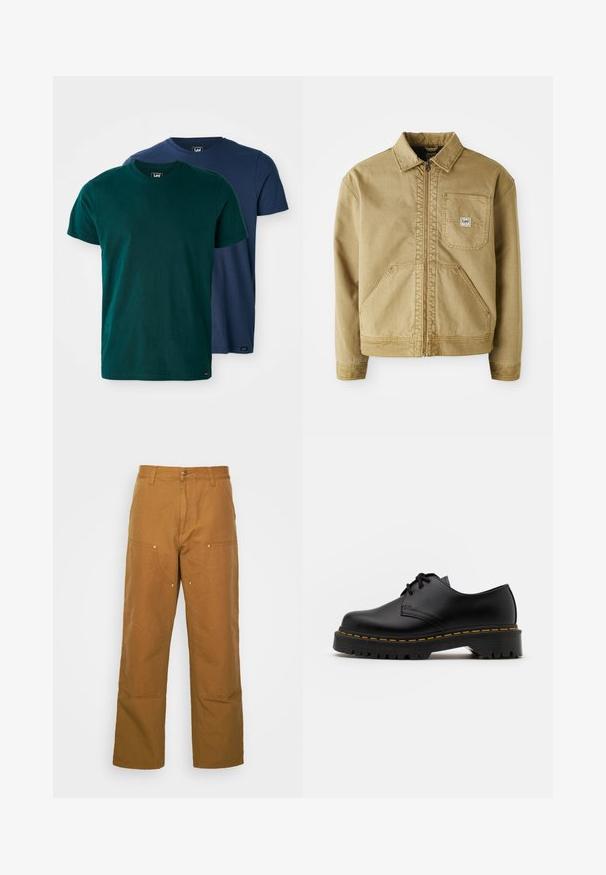 Brun frakk med glidelås foran, spiss krage, brystlomme og store sidelommer. Laget av robust stoff med synlige sømdetaljer.; To kortermede T-skjorter i mørkegrønn og marineblå. Laget av myk bomull, med klassisk rund hals og avslappet passform.; Brune bomull arbeidsbukser med rett ben-design, med frontlommer og metall detaljer for ekstra holdbarhet.; Svart lær snøresko med rund tå, teksturert gummisåle og gul søm rundt bunnen. Flat design og glatt overflate.