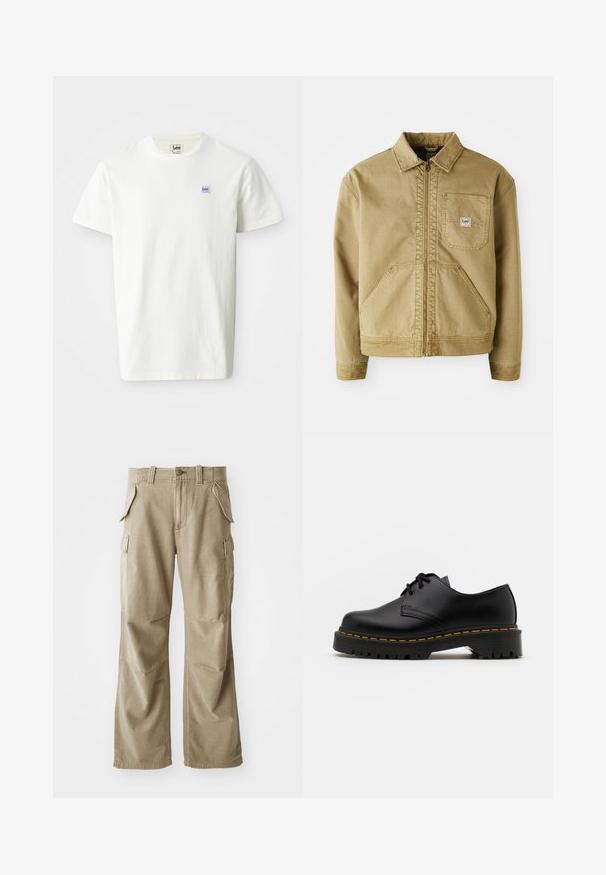 Giacca tan con zip frontale, colletto a punta, tasca sul petto e ampie tasche laterali. Realizzata in tessuto resistente con dettagli di cucitura in vista.; T-shirt in cotone bianco con colletto a girocollo e maniche corte. Presenta un piccolo logo rettangolare viola e blu di Lee sul petto sinistro.; Pantaloni cargo beige realizzati in tessuto resistente, caratterizzati da una vestibilità comoda, numerose tasche laterali e ginocchia rinforzate. Design con davanti piatto.; Scarpa nera in pelle con lacci, punta arrotondata, suola in gomma texturizzata e cuciture gialle attorno alla base. Design piatto e finitura liscia.