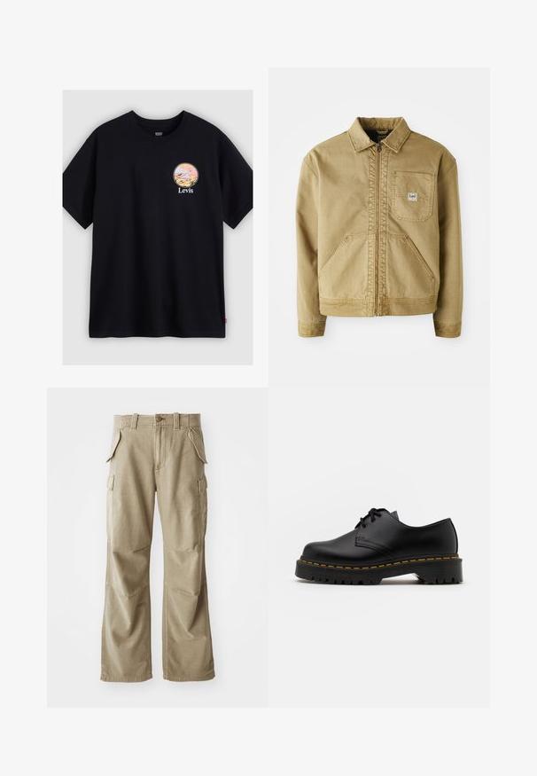 Brūns žakets ar rāvējslēdzēju priekšā, ar norādītu apkakli, krūšu kabatu un lielām sānu kabatām. Izgatavots no izturīga auduma ar redzamām šuvju detaļām.; Melna kokvilnas T-krekls ar apaļu grafisku dizainu pastelīgās krāsās, attēlojošu ainavu un vārdu "Levis" zem grafikas.; Bēše kravas bikses izgatavotas no izturīga auduma, ar brīvu piegriezumu, vairākām sānu kabatām un nostiprinātiem ceļgaliem. Plakans priekšējais dizains.; Melnas ādas kurpes ar saistēm, noapaļota purngalu, ar teksturētu gumijas zoli un dzeltenu šuvju ap malu. Plakana forma un gluda apdare.