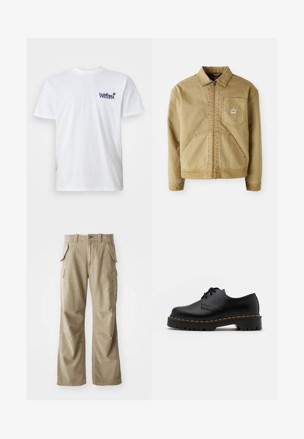 Brūns žakets ar rāvējslēdzēju priekšā, ar norādītu apkakli, krūšu kabatu un lielām sānu kabatām. Izgatavots no izturīga auduma ar redzamām šuvju detaļām.; Balta kokvilnas t-kreklā ar īsām piedurknēm, apaļu kaklu un mazu tumši zilu "Wiltopia" logotipu kreisajā krūtī. Gluda tekstūra.; Bēše kravas bikses izgatavotas no izturīga auduma, ar brīvu piegriezumu, vairākām sānu kabatām un nostiprinātiem ceļgaliem. Plakans priekšējais dizains.; Melnas ādas kurpes ar saistēm, noapaļota purngalu, ar teksturētu gumijas zoli un dzeltenu šuvju ap malu. Plakana forma un gluda apdare.