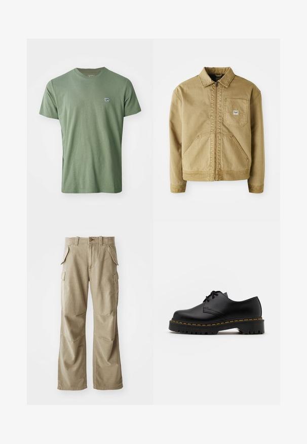 Hnědá bunda s zipovým předním zapínáním, špičatým límcem, náprsní kapsou a velkými bočními kapsami. Vyrobena z odolného materiálu s viditelnými stehenními detaily.; Lee PATCH LOGO TEE - Jednoduché tričko - olive stone; Béžové cargo kalhoty vyrobené z odolné látky, s uvolněným střihem, několika bočními kapsami a zesílenými koleny. Plochý přední design.; Černá kůže šněrovací boty s kulatou špičkou, texturovanou gumovou podrážkou a žlutým prošíváním kolem základny. Plný design a hladký povrch.