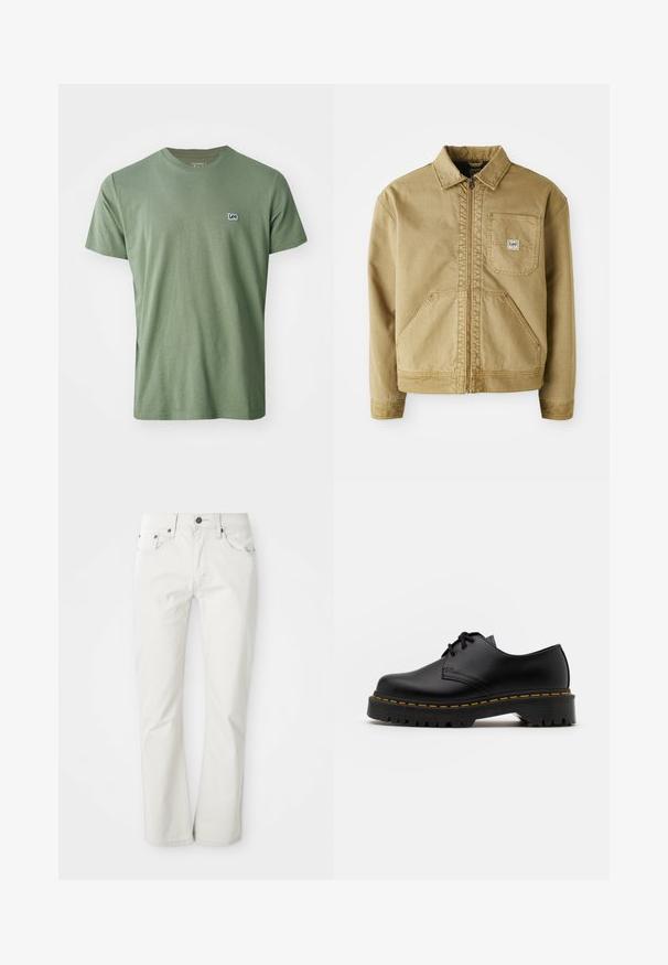 Ljusbrun jacka med dragkedja fram, spetsig krage, bröstficka och stora sidofickor. Tillverkad av slitstarkt tyg med synliga sömdetaljer.; Lee PATCH LOGO TEE - T-shirt - bas - olive stone; Ljusfärgade jeans i bomullsmaterial. Rakt ben-design med femfickorsstil och metallknappsstängning. Slät textur.; Svart läder snörsko med rundad tå, texturerad gummisula och gul söm runt basen. Platt design och slät yta.