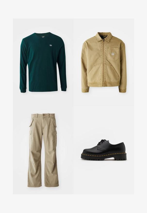 Brūns žakets ar rāvējslēdzēju priekšā, ar norādītu apkakli, krūšu kabatu un lielām sānu kabatām. Izgatavots no izturīga auduma ar redzamām šuvju detaļām.; Tumši zaļas kokvilnas garais piedurkņu T-krekls ar apaļu kakla izgriezumu un mazu balto logotipu kreisajā krūtī. Gluda tekstūra, brīvs piegriezums.; Bēše kravas bikses izgatavotas no izturīga auduma, ar brīvu piegriezumu, vairākām sānu kabatām un nostiprinātiem ceļgaliem. Plakans priekšējais dizains.; Melnas ādas kurpes ar saistēm, noapaļota purngalu, ar teksturētu gumijas zoli un dzeltenu šuvju ap malu. Plakana forma un gluda apdare.
