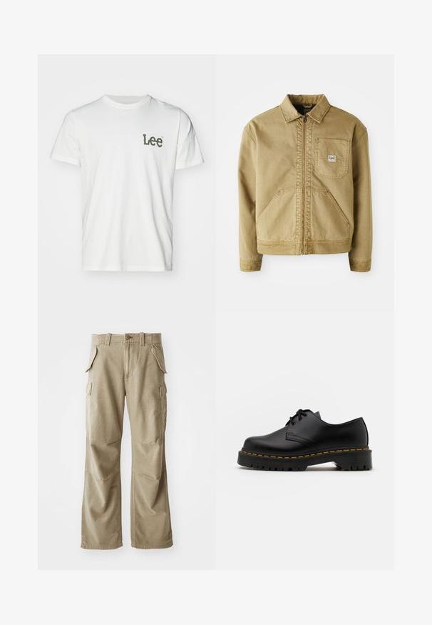 Tan jakke med lynlås i front, spidse krave, brystlomme og store sidelommer. Lavet af robust stof med synlige syninger.; Hvid bomulds t-shirt med korte ærmer og rund hals. Har et grønt logo "Lee" på venstre brystområde. Glat tekstur.; Beige cargo bukser lavet af slidstærkt stof, med en afslappet pasform, flere sidelommer og forstærkede knæ. Flad frontdesign.; Sort læder snøresko med en rund tå, tekstureret gummisål og gule stikninger omkring bunden. Flad design og glat finish.