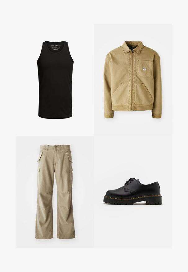 Hnedá bunda so zipsom vpredu, špicatým golierom, vreckom na hrudi a veľkými bočnými vreckami. Vyrobená z pevnej látky so zjavnými švovými detailmi.; Čierny tielko vyrobené z bavlneného zmesi, so klasickým okrúhlym výstrihom a bezrukávovým strihom. Hladká textúra bez vzorov alebo akcentov.; Béžové cargo nohavice vyrobené z odolného materiálu, s voľným strihom, viacerými bočnými vreckami a zosilnenými kolenami. Rovný predný dizajn.; Čierna kožená šnurovacia topánka s okrúhlou špičkou, štruktúrovanou gumovou podrážkou a žltým prešitím okolo základne. Plný dizajn a hladký povrch.