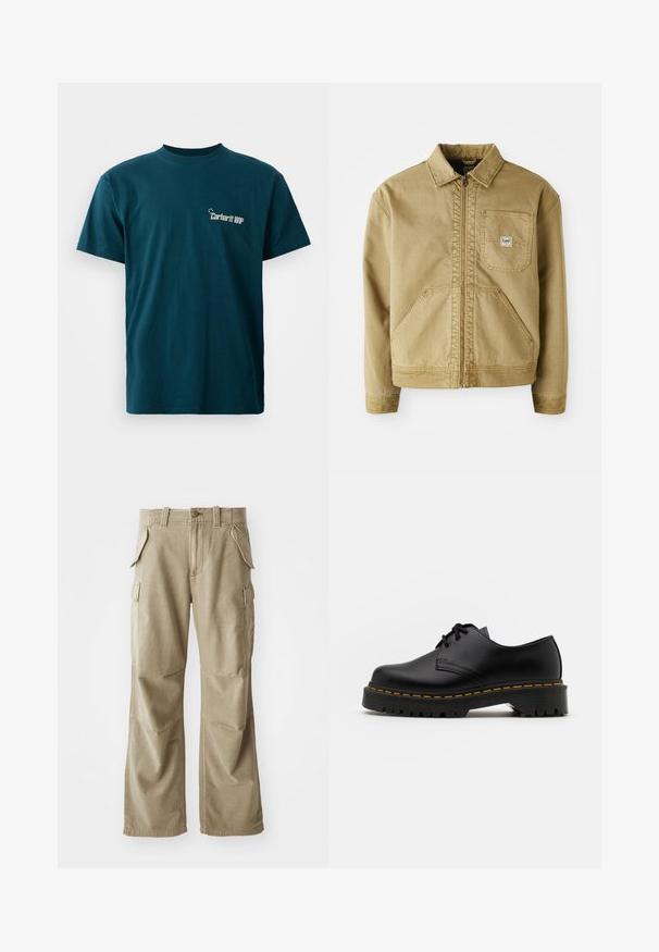 Tan jakke med lynlås i front, spidse krave, brystlomme og store sidelommer. Lavet af robust stof med synlige syninger.; Teal bomulds t-shirt med korte ærmer og rund hals. Har et grafisk tryk af "Carhartt WIP" på forsiden i hvid.; Beige cargo bukser lavet af slidstærkt stof, med en afslappet pasform, flere sidelommer og forstærkede knæ. Flad frontdesign.; Sort læder snøresko med en rund tå, tekstureret gummisål og gule stikninger omkring bunden. Flad design og glat finish.