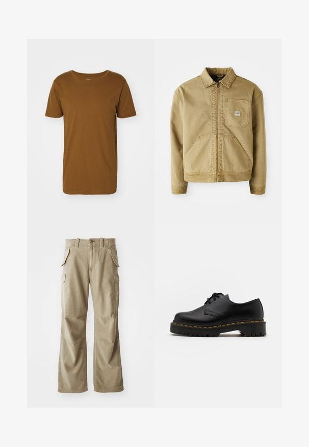 Casaco castanho com fecho de correr à frente, colarinho pontiagudo, bolso no peito e grandes bolsos laterais. Feito de um tecido resistente com detalhes de costura visíveis.; Lee SHAPED TEE - T-shirt básica - brown; Calças cargo bege feitas de um tecido durável, apresentando um corte relaxado, múltiplos bolsos laterais e joelhos reforçados. Design frontal liso.; Sapato de pele preta com atacadores, bico arredondado, sola de borracha texturizada e costura amarela à volta da base. Design plano e acabamento liso.