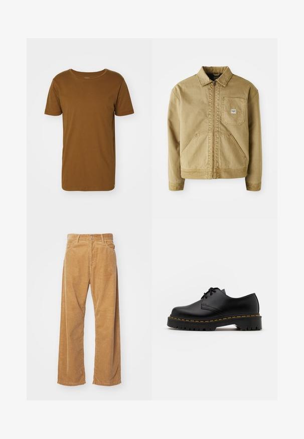 Hnědá bunda s zipovým předním zapínáním, špičatým límcem, náprsní kapsou a velkými bočními kapsami. Vyrobena z odolného materiálu s viditelnými stehenními detaily.; Lee SHAPED TEE - Jednoduché tričko - brown; Bavlněné široké kalhoty z kordu v odstínu tan. Mají texturované, vertikální pruhy, standardní pas a dvě přední kapsy.; Černá kůže šněrovací boty s kulatou špičkou, texturovanou gumovou podrážkou a žlutým prošíváním kolem základny. Plný design a hladký povrch.
