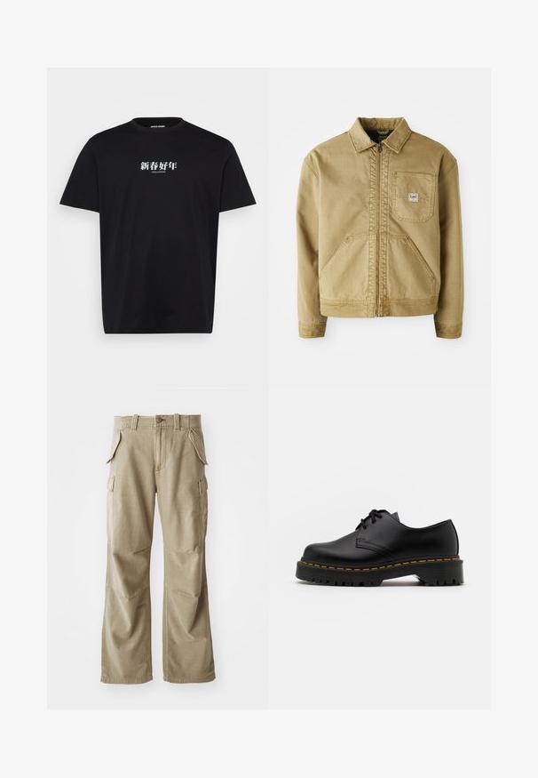Hnědá bunda s zipovým předním zapínáním, špičatým límcem, náprsní kapsou a velkými bočními kapsami. Vyrobena z odolného materiálu s viditelnými stehenními detaily.; Černé tričko vyrobené z bavlny, s bílým textem v asijských znacích a kulatým výstřihem. Krátké rukávy, standardní střih.; Béžové cargo kalhoty vyrobené z odolné látky, s uvolněným střihem, několika bočními kapsami a zesílenými koleny. Plochý přední design.; Černá kůže šněrovací boty s kulatou špičkou, texturovanou gumovou podrážkou a žlutým prošíváním kolem základny. Plný design a hladký povrch.