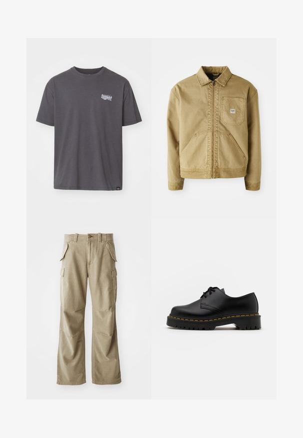 Ruda striukė su užtrauktuku, smailiu apykakle, krūtinės kišene ir didelėmis šoninėmis kišenėmis. Pagaminta iš tvirto audinio su matomomis siuvimo detalėmis.; Pilka medvilninė marškinė su trumpomis rankovėmis, apvalia iškirpte ir mažu baltu grafiniu spaudiniu ant krūtinės. Ypatumai: tiesus apatinis kraštas ir laisvas siluetas.; Smėlio spalvos cargo kelnės, pagamintos iš patvarios medžiagos, su laisvu siluetu, daugeliu šoninių kišenių ir sustiprintomis kelėnų vietomis. Lygus priekinis dizainas.; Juoda odinė lakuota avalynė su apvaliu pirštu, tekstūruota gumine padu ir geltona siūlelių apdaila aplink bazę. Lygus dizainas ir glotnus paviršius.