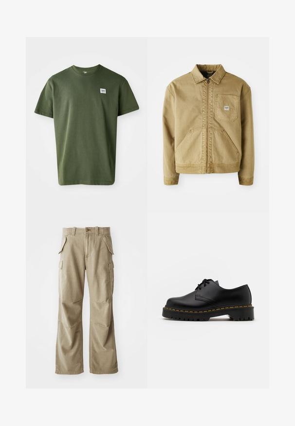 Rjava jakna z zadrgo spredaj, s koničastim ovratnikom, žepom na prsih in velikima stranskima žepoma. Narejena iz trdne tkanine z vidnimi šivi.; Olivno zeleni bombažni T-shirt s krožnim izrezom, kratkimi rokavi in majhnim logom na levem prsnem predelu. Gladka tekstura, sproščen kroj.; Bežna cargo hlače iz trpežne tkanine, z udobnim krojem, več stranskimi žepi in ojačanim kolenom. Ravna sprednja zasnova.; Črne usnjene čevlje z vezalkami in zaobljenim nosom, z gumijastim podplatom in rumenim šivom okoli osnove. Ravna zasnova in gladka površina.