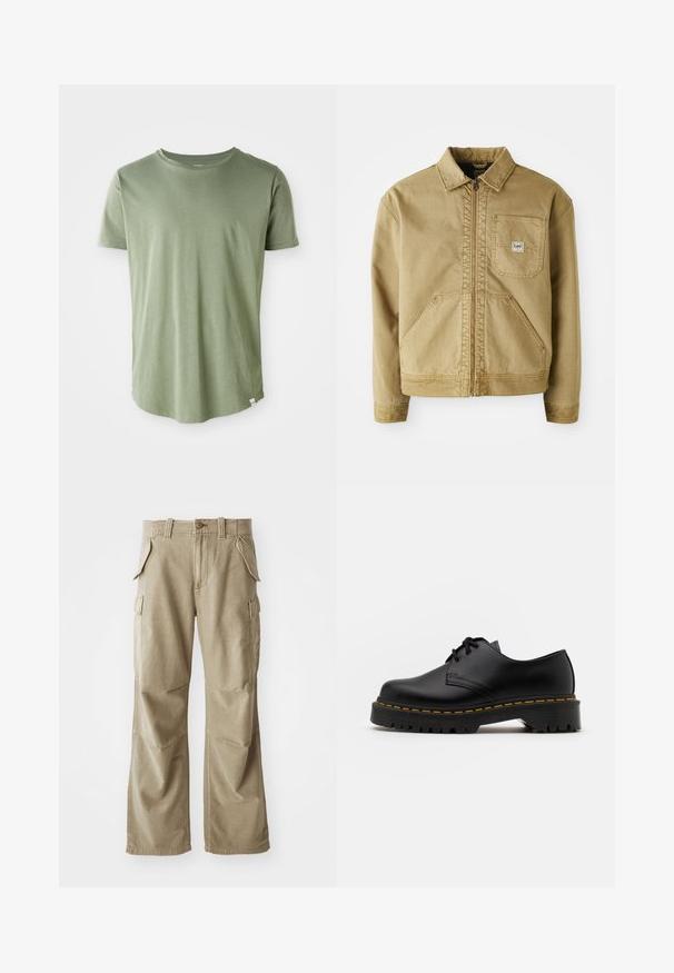 Tan jacket with a zip front, pointed collar, chest pocket, and large side pockets. Made of sturdy fabric with visible stitching details.; Short-sleeve T-shirt in light green, soft fabric, crew neck, straight hem, with a small label detail at the bottom left.; Beige cargo pants made of durable fabric, featuring a relaxed fit, multiple side pockets, and reinforced knees. Flat front design.; Black leather lace-up shoe with a rounded toe, textured rubber sole, and yellow stitching around the base. Flat design and smooth finish.