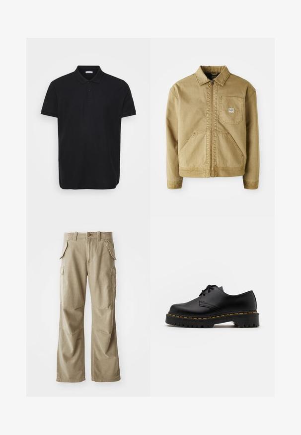 Hnědá bunda s zipovým předním zapínáním, špičatým límcem, náprsní kapsou a velkými bočními kapsami. Vyrobena z odolného materiálu s viditelnými stehenními detaily.; Černé polo tričko s ribovanou texturou, klasickým límcem, zapínáním na tři knoflíky a diskrétní logem na levé hrudi.; Béžové cargo kalhoty vyrobené z odolné látky, s uvolněným střihem, několika bočními kapsami a zesílenými koleny. Plochý přední design.; Černá kůže šněrovací boty s kulatou špičkou, texturovanou gumovou podrážkou a žlutým prošíváním kolem základny. Plný design a hladký povrch.