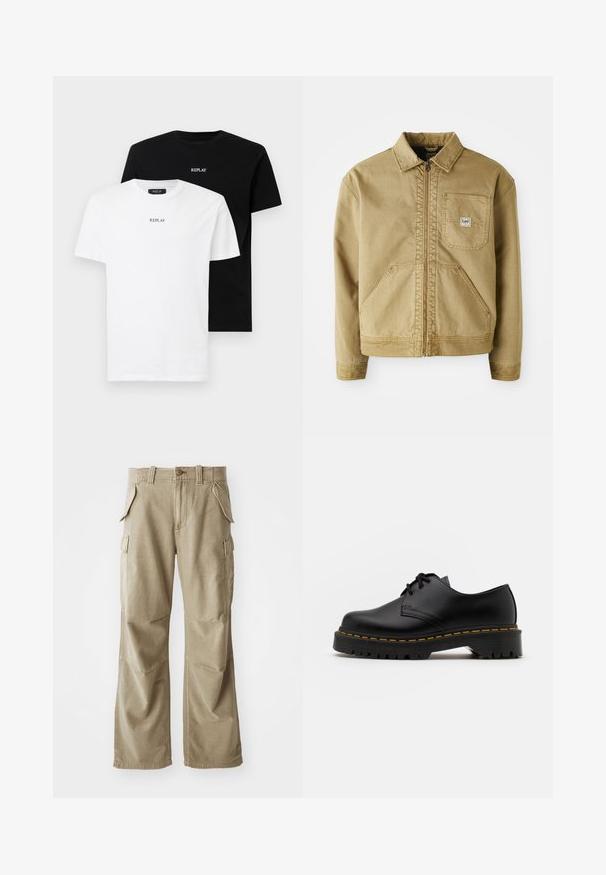 Hnědá bunda s zipovým předním zapínáním, špičatým límcem, náprsní kapsou a velkými bočními kapsami. Vyrobena z odolného materiálu s viditelnými stehenními detaily.; Dvě bavlněné trička, jedno bílé a jedno černé, obě s krátkým rukávem a kulatým výstřihem. Obě trička mají logo "REPLAY" ve středu.; Béžové cargo kalhoty vyrobené z odolné látky, s uvolněným střihem, několika bočními kapsami a zesílenými koleny. Plochý přední design.; Černá kůže šněrovací boty s kulatou špičkou, texturovanou gumovou podrážkou a žlutým prošíváním kolem základny. Plný design a hladký povrch.