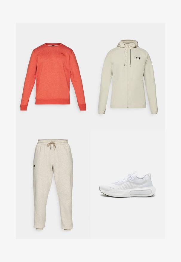 Vala beige huppari, jossa on etuvetoketju, säädettävät nyörit ja musta logo vasemmassa rinnassa. Sileä kangas ja vartalonmyötäinen muotoilu.; Under Armour ICON FLEECE - Collegepaita - earthen orange/light heather; Valkoinen lyhythihainen urheilupaita, joka on valmistettu sileästä kankaasta. Paidassa on pyöreä kaula-aukko ja harmaa logo vasemmassa rinnassa, sekä sivuhalkiot helmassa.; Beige sweatpants valmistettu pehmeästä, tekstuurista kankaasta, jossa on elastinen vyötärö ja naru. Sisältää sivulogon ja kapeat nilkat rentoa istuvuutta varten.; Valkoinen urheilukenkä, jossa on teksturoitu neulepinta, nauhakiinnitys, pehmustettu pohja ja erottuva brändityyli sivussa.