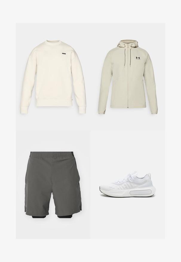 Veste à capuche beige clair avec une fermeture éclair sur le devant, des cordons de serrage ajustables et un logo noir sur la poitrine gauche. Tissu lisse et design ajusté.; Sweatshirt beige clair avec un col rond, des bords-côtes au niveau des poignets et de l'ourlet, et un petit logo noir sur la poitrine. Texture douce et coupe décontractée.; T-shirt de sport à manches courtes de couleur blanche, fabriqué en tissu lisse. Il présente un col rond et un logo gris sur la poitrine gauche, avec des fentes sur les côtés au niveau de l'ourlet.; Shorts de sport gris en tissu lisse et léger avec une taille élastique, dotés de shorts de compression intérieurs et de poches latérales.; Basket blanc de sport avec une tige en tricot texturé, fermeture à lacets, semelle rembourrée et un détail de marque distinctif sur le côté.
