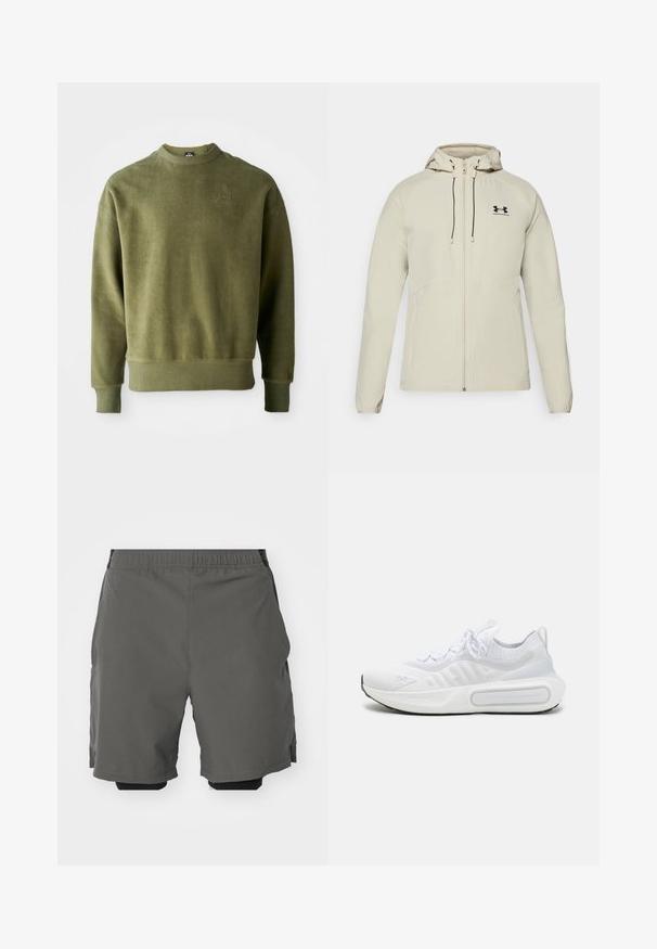 Heled helebeige kapuutsiga jakk, millel on ees lukk, reguleeritavad nöörid ja must logo vasakul rinnal. Sile kangas ja figuuri järgnevdisain.; Olive roheline dressipluus tekstuuriga viimistlusega, pika varrukaga, soonikkoes mansettide ja äärega ning delikaatse tikandiga detailiga rinnal.; Valge lühikeste varrukate ja sportliku lõikega särk, millel on sile kangas. Omab ümarat kaelust ja halli logo vasakul rinnal, ning külgsuured lõhik kui lõhateel.; Halljinad hallid spordilühikesed püksid, millel on sile ja kerge kangas ning elastne vöökoht. Tootel on sisemised kompressioonishortsid ja küljetaskud.; Valge spordijalats, millel on tekstuuriga kudumipealne, kinnitatav nööri sulgemine, pehmendusega tald ning silmapaistev brändingu detail külje peal.