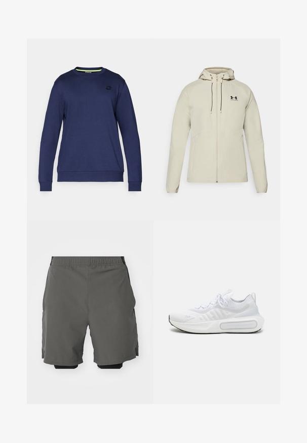 Light beige hooded jacket with a front zipper, adjustable drawstrings, and black logo on the left chest. Smooth fabric and fitted design.; Navy blue sweatshirt made of soft fabric, featuring a round neckline, long sleeves, ribbed cuffs, and a subtle logo on the chest.; Gray athletic shorts with a smooth, lightweight fabric and an elastic waistband, featuring inner compression shorts and side pockets.; White athletic shoe with a textured knit upper, lace-up closure, cushioned sole, and a distinctive branding detail on the side.