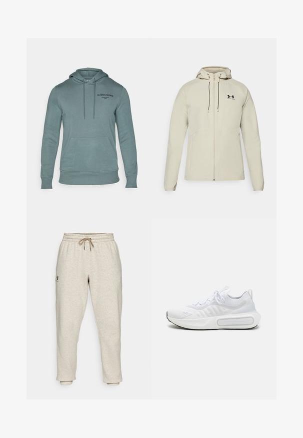 Light beige hooded jacket with a front zipper, adjustable drawstrings, and black logo on the left chest. Smooth fabric and fitted design.; Hooded sweatshirt in muted teal, made of soft fabric. Features a front kangaroo pocket and black printed logo on the chest.; White short-sleeve athletic shirt made of smooth fabric. Features a crew neck and gray logo on the left chest, with side slits at the hem.; Beige sweatpants in soft, textured fabric with an elastic waistband and drawstring. Features a side logo and tapered ankles for a relaxed fit.; White athletic shoe with a textured knit upper, lace-up closure, cushioned sole, and a distinctive branding detail on the side.