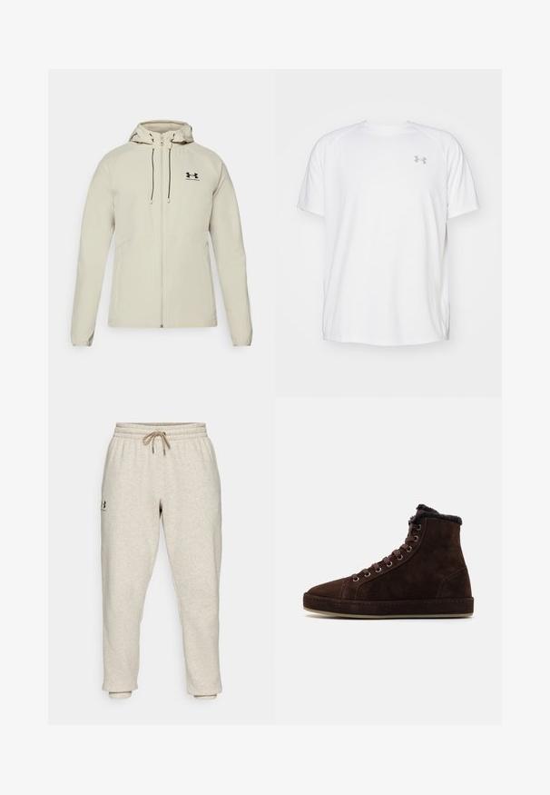 Veste à capuche beige clair avec une fermeture éclair sur le devant, des cordons de serrage ajustables et un logo noir sur la poitrine gauche. Tissu lisse et design ajusté.; T-shirt de sport à manches courtes de couleur blanche, fabriqué en tissu lisse. Il présente un col rond et un logo gris sur la poitrine gauche, avec des fentes sur les côtés au niveau de l'ourlet.; Pantalons de jogging beiges en tissu doux et texturé avec une taille élastique et un cordon de serrage. Présente un logo sur le côté et des chevilles fuselées pour un ajustement décontracté.; Baskets hautes en suède marron avec laçage à l'avant, bout rond, doublure douce au col et semelle en caoutchouc.