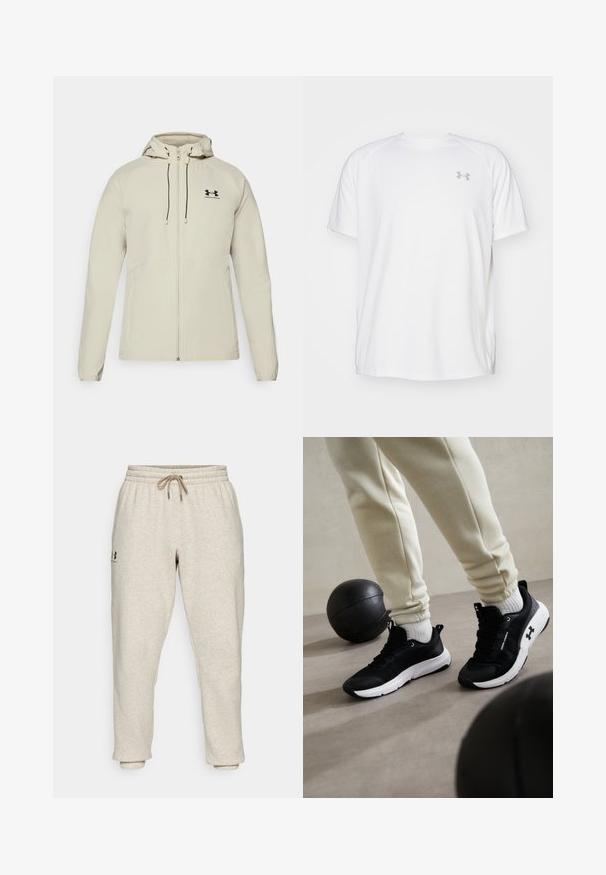 Light beige hooded jacket with a front zipper, adjustable drawstrings, and black logo on the left chest. Smooth fabric and fitted design.; White short-sleeve athletic shirt made of smooth fabric. Features a crew neck and gray logo on the left chest, with side slits at the hem.; Beige sweatpants in soft, textured fabric with an elastic waistband and drawstring. Features a side logo and tapered ankles for a relaxed fit.; Black athletic shoes with white sole, featuring a textured upper and lacing system. Accompanied by cream-colored sweatpants and a black basketball.