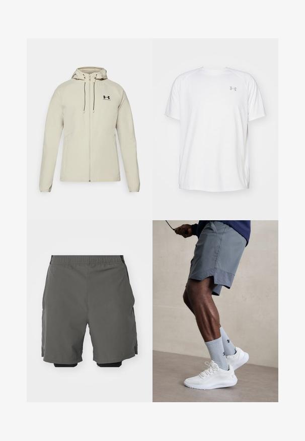 Giacca beige chiaro con cappuccio, chiusura frontale a zip, cordini regolabili e logo nero sul lato sinistro del petto. Tessuto liscio e design aderente.; Maglietta da ginnastica bianca a maniche corte realizzata in tessuto liscio. Presenta un colletto rotondo e un logo grigio sul lato sinistro del petto, con fessure laterali all'orlo.; Pantaloni corti sportivi grigi realizzati in un tessuto liscio e leggero, con una vita elastica, dotati di pantaloni interni compressivi e tasche laterali.; Scarpe da ginnastica bianche con tomaia in mesh testurizzato, abbinate a calzini a coste blu chiaro con un logo. Pantaloni sportivi grigi con bordi perforati.