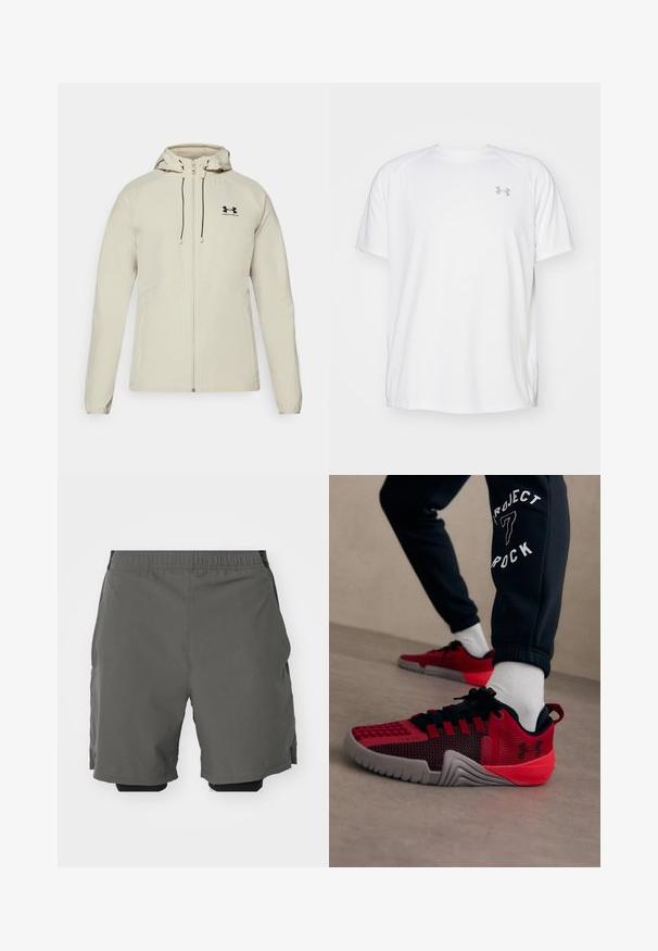Gai brūns kapucis mētelis ar priekšējo rāvējslēdzēju, regulējamiem sasienamajiem diegiem un melnu logotipu kreisajā krūtī. Gluda auduma un pieguļošs dizains.; Baltas īsajiem piedurknēm sporta krekls, izgatavots no gludas auduma. Tam ir apaļa kakla izgriezums un pelēks logo uz kreisās krūtis, kā arī sānu šķēlumi apakšmalā.; Pelēki sporta šorti ar gludu, vieglu audumu un elastīgu jostasvietu, kurām ir iekšējas kompresijas šorti un sānu kabatas.; Persona, kas valkā melnus treniņbikses ar tekstu "Project 7 Rock" un sarkanas un melnas Under Armour sporta apavus ar baltām zeķēm uz bēša grīdas.