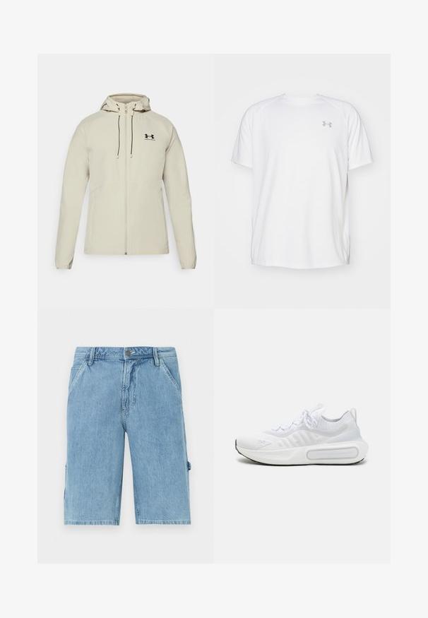 Svetlá béžová bunda s kapucňou a predným zipsom, nastaviteľnými šnúrkami a čiernym logom na ľavej hrudi. Hladká tkanina a priliehavý strih.; Biele atletické tričko s krátkym rukávom vyrobené z hladkej tkaniny. Má okrúhly výstrih a šedé logo na ľavej hrudi, so štrbinami po stranách na leme.; Svetlomodré džínsy s rovnými nohavicami, so prednými vreckami a bočným cargo vreckom, s vyblednutou textúrou a pútkami na opasok.; Biele športové tenisky s textúrovaným pleteným zvrškom, šnurovaním, mäkčenou podrážkou a charakteristickým detailom značky na boku.