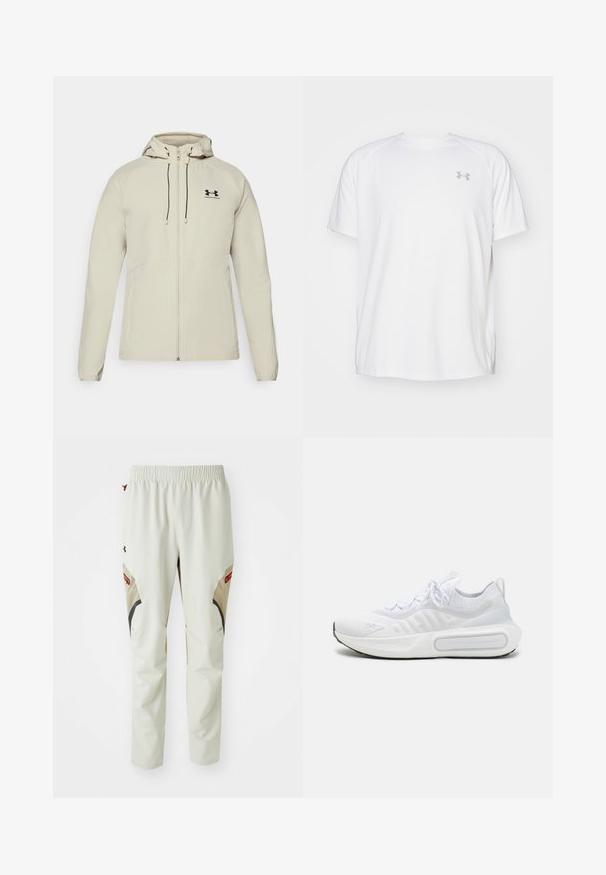 Chaqueta con capucha de color beige claro, con cremallera frontal, cordones ajustables y logo negro en el lado izquierdo del pecho. Tela suave y diseño ajustado.; Camisa atlética de manga corta blanca, hecha de tejido suave. Presenta un cuello redondo y un logo gris en el lado izquierdo del pecho, con aberturas laterales en el dobladillo.; Pantalones beige claros con una cintura elástica, que presentan detalles en negro y marrón y dos grandes bolsillos laterales, fabricados con un material suave y duradero.; Zapatilla deportiva blanca con una parte superior de punto texturizado, cierre de cordones, suela acolchada y un detalle de marca distintivo en el lateral.