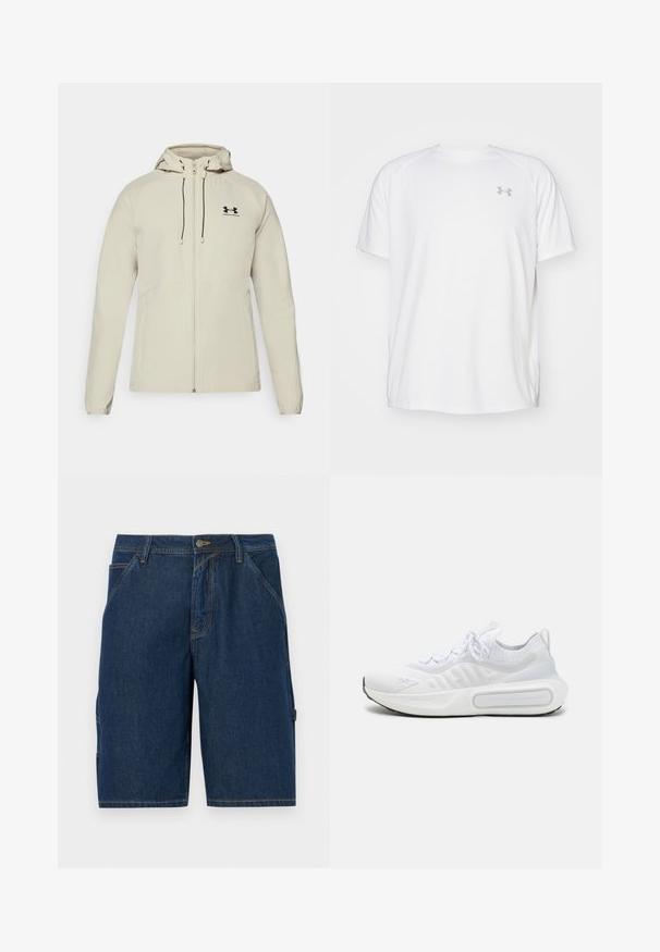 Šviesiai smėlio spalvos džemperis su gobtuvu, priekiniais užtrauktukais, reguliuojamomis raištelėmis ir juodu logotipu ant kairiojo krūtinės. Lygus audinys ir prigludusi forma.; Balta trumpa rankovėmis sportinė marškinėliai, pagaminti iš lygaus audinio. Yra apvalus kaklas ir pilkas logotipas kairėje krūtinės pusėje, o apatinėje dalyje yra šoninės plyšiai.; Tamsiai mėlyni džinsiniai šortai su tiesiu kirpimu, turintys dvi priekinės kišenes, diržo kilpos ir šoninė kišenė su uždengimu.; Baltas sportinis batelis su tekstūruota trikotažo viršutine dalimi, su raišteliais, paminkštintu padu ir išskirtiniu ženklas šone.