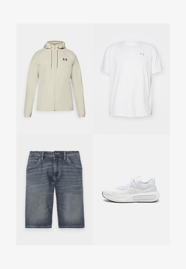 Helle beige Kapuzenjacke mit einem Frontreißverschluss, verstellbaren Kordeln und schwarzem Logo auf der linken Brust. Glattes Material und taillierte Passform.; Weißes kurzärmeliges Sportshirt aus glattem Material. Mit Rundhalsausschnitt und grauem Logo auf der linken Brust, sowie seitlichen Schlitzen am Saum.; Denim-Shorts in einem verblassten blauen Farbton, mit einem Knopf- und Reißverschlussverschluss, fünf Taschen und sichtbarem Steppdetail.; Weißer Sportschuh mit einem strukturierten Strick-Obermaterial, Schnürverschluss, gepolsterter Sohle und einem markanten Branding-Detail an der Seite.