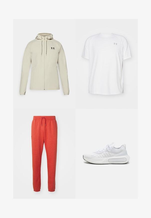 Helle beige Kapuzenjacke mit einem Frontreißverschluss, verstellbaren Kordeln und schwarzem Logo auf der linken Brust. Glattes Material und taillierte Passform.; Weißes kurzärmeliges Sportshirt aus glattem Material. Mit Rundhalsausschnitt und grauem Logo auf der linken Brust, sowie seitlichen Schlitzen am Saum.; Rote Jogginghose aus weichem Stoff, mit einem elastischen Bund und Kordelzug, zulaufenden Beinen und einem kleinen Logodetail an der Seite.; Weißer Sportschuh mit einem strukturierten Strick-Obermaterial, Schnürverschluss, gepolsterter Sohle und einem markanten Branding-Detail an der Seite.