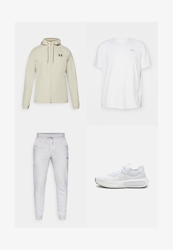 Svijetlo bež jakna s kapuljačom, prednjim patentnim zatvaračem, podesivim vezicama i crnim logotipom na lijevoj strani prsiju. Glatka tkanina i prikladan dizajn.; Bijela atletska majica kratkih rukava od glatkog materijala. Ima okrugli izrez i sivi logo na lijevoj strani prsnog koša, s bočnim prorezima na rubu.; Sive trenirke od flisa s vezicom u struku, suženi kroj nogavica, bočne džepove i mali crni logo na lijevoj bedrima.; Bijela atletska cipela s teksturiranim pletenim gornjim dijelom, vezanjem, mekanim potplatom i prepoznatljivim detaljem brendinga sa strane.