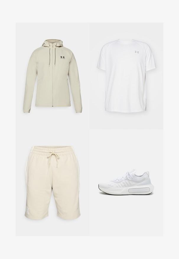 Lys beige hettejakke med frontglidelås, justerbare snorer og svart logo på venstre bryst. Glatt stoff og tettsittende design.; Hvit treningstopp med korte ermer laget av glatt stoff. Har rund hals og grått logo på venstre bryst, med sidesplitter i kanten.; Beige sweatshorts med elastisk midje och dragsnöre. Sidelommer og en hvit logo på venstre kant. Laget av mykt materiale.; Hvit atletisk sko med et teksturert strikket overdel, snøring, polstret såle og et distinkt merkeelement på siden.