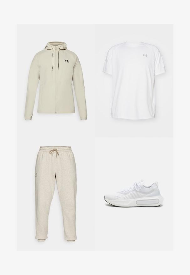 Světle béžová bunda s kapucí, předním zipem, nastavitelnými stahovacími šňůrkami a černým logem na levém prsu. Hladká látka a přiléhavý design.; Bílé sportovní tričko s krátkým rukávem vyrobené z hladké látky. Má kulatý výstřih a šedé logo na levé straně hrudi, s bočními rozparky na lemu.; Béžové tepláky z měkké texturované tkaniny s elastickým pasem a šňůrkou na stažení. Mají boční logo a zúžené kotníky pro uvolněný střih.; Bílé sportovní boty s texturovaným úpletem, šněrováním, polstrovanou podrážkou a výrazným logem na boku.