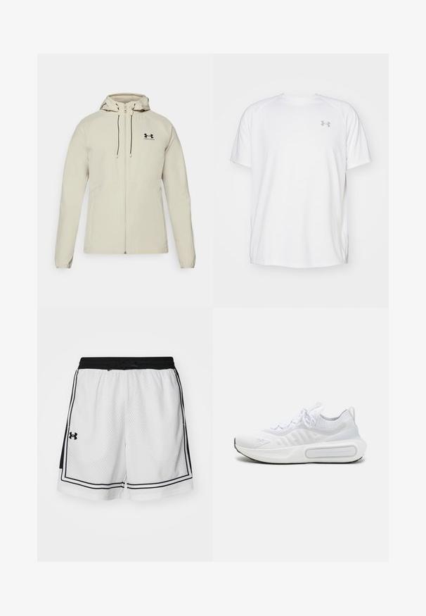 Vala beige huppari, jossa on etuvetoketju, säädettävät nyörit ja musta logo vasemmassa rinnassa. Sileä kangas ja vartalonmyötäinen muotoilu.; Valkoinen lyhythihainen urheilupaita, joka on valmistettu sileästä kankaasta. Paidassa on pyöreä kaula-aukko ja harmaa logo vasemmassa rinnassa, sekä sivuhalkiot helmassa.; Valkoiset verkkohousut mustilla yksityiskohdilla, joustava vyötärö, nauha ja sivu raidat. Vasemmassa helmaassa Under Armourin logo.; Valkoinen urheilukenkä, jossa on teksturoitu neulepinta, nauhakiinnitys, pehmustettu pohja ja erottuva brändityyli sivussa.